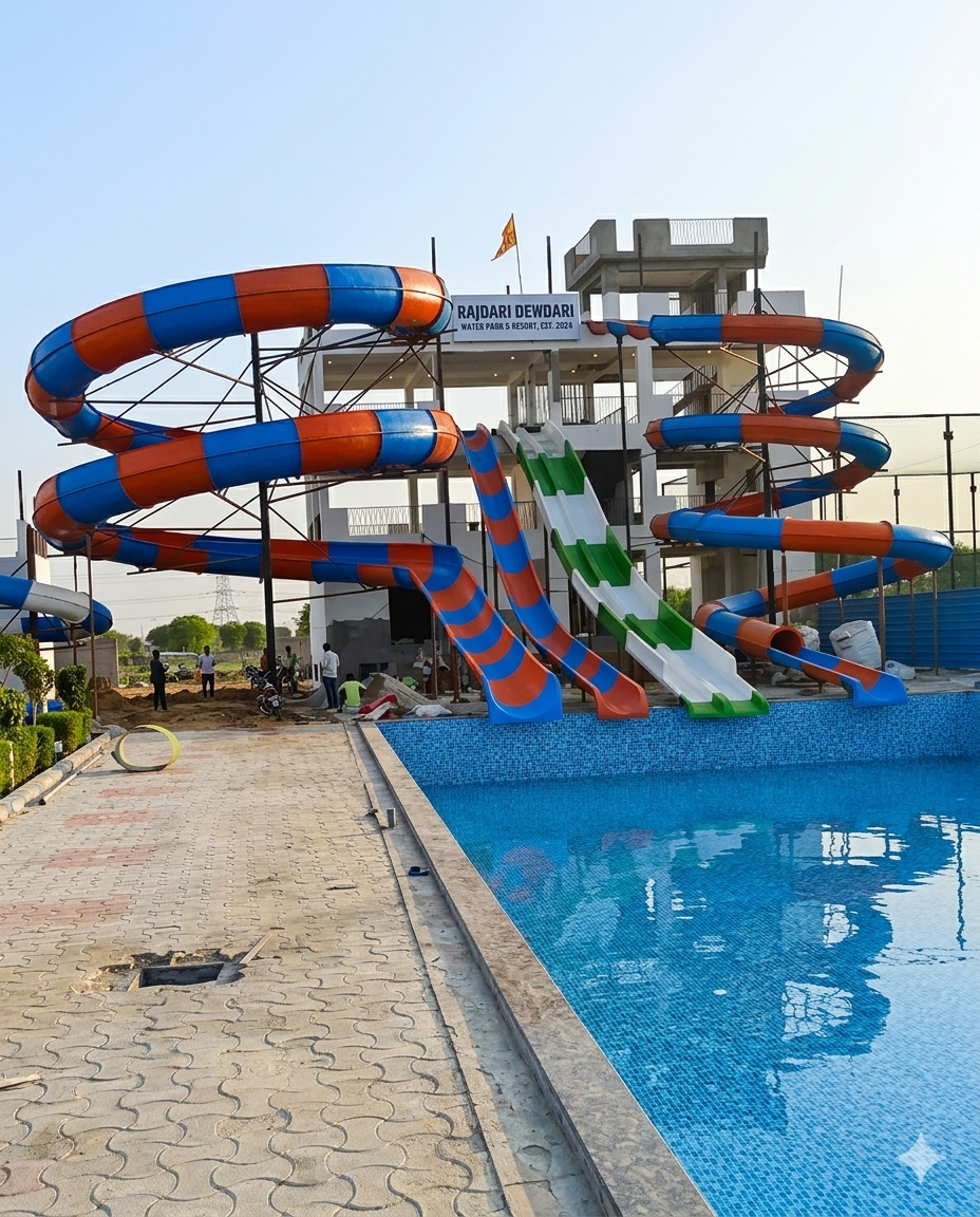 Rajdari Dewdari Water Park & Resort multi-level water slides and main pool, Est. 2024